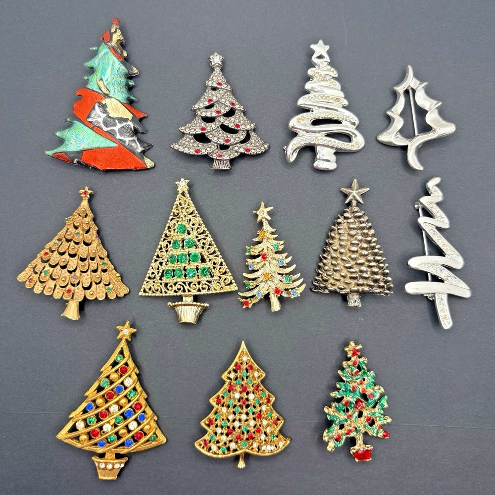 Vintage Christmas Tree Brooches Lot of 12 Holiday Retro Gold & Silver Tone